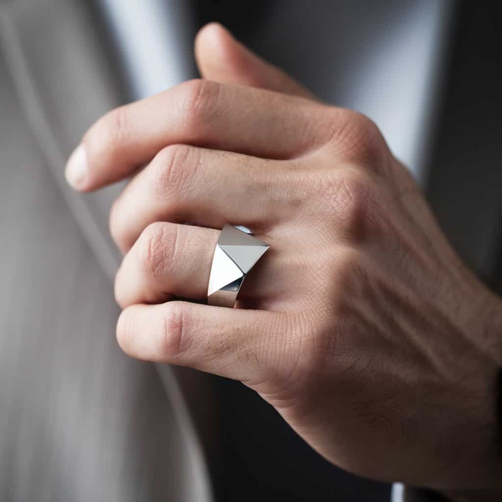 A striking men’s white gold wedding band with angular geometric patterns, perfect for the modern groom with a love for bold designs.