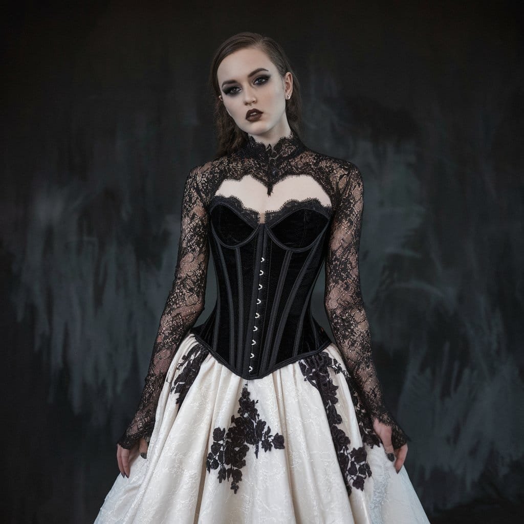 Gothic-inspired black and white wedding dress featuring black lace and corsetry details for a dramatic bridal look.