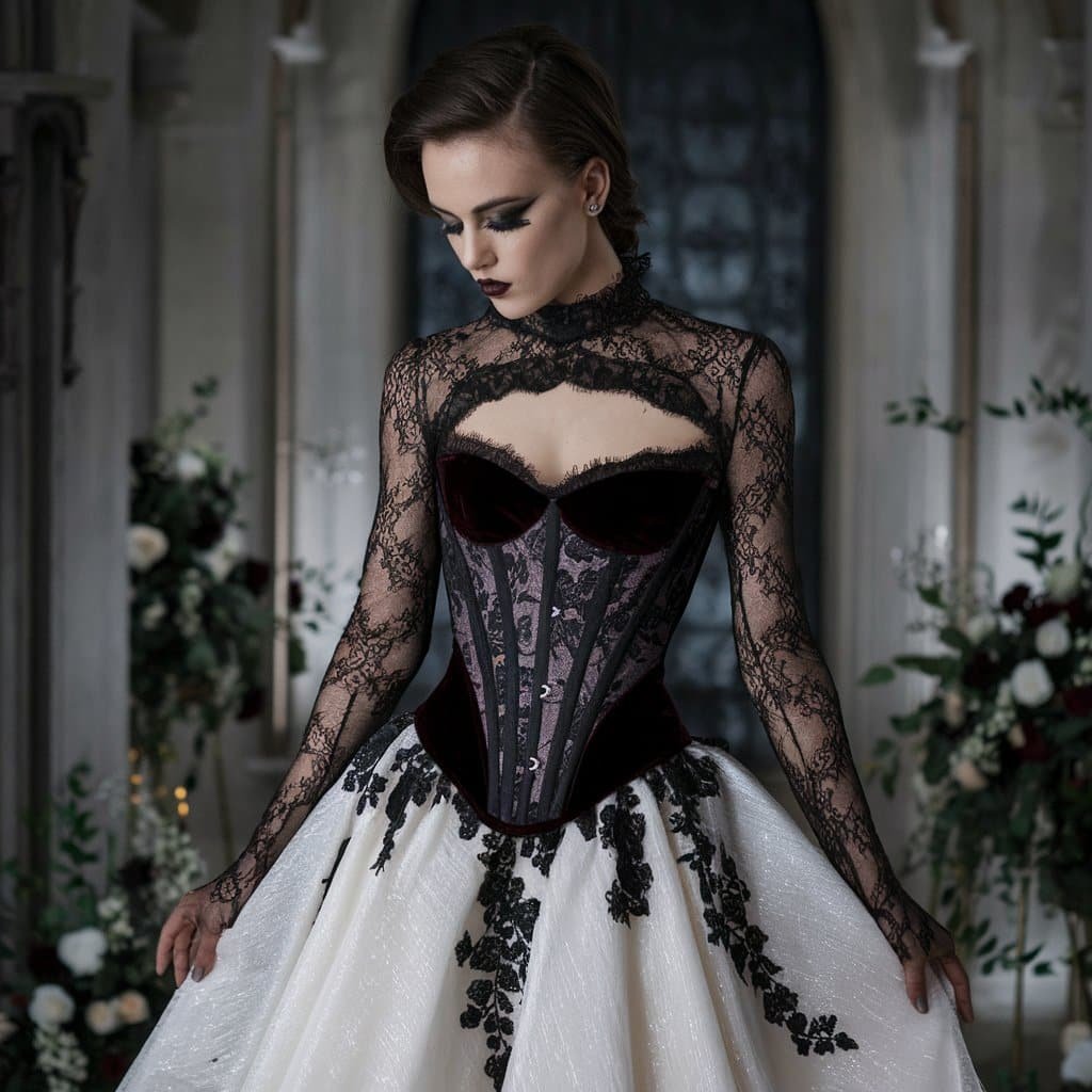 Bride wearing a gothic black and white wedding gown with velvet corset and lace detailing for a bold, mysterious vibe.