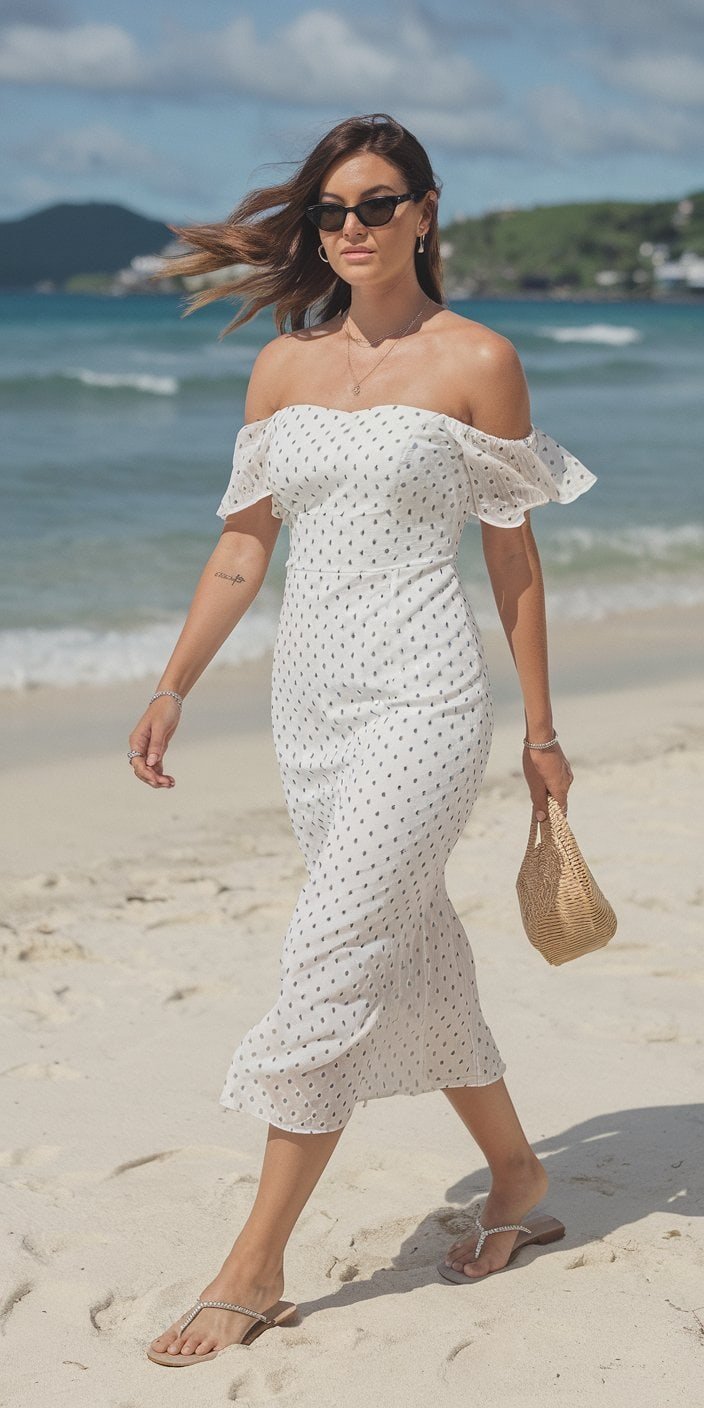 Elegant off-the-shoulder midi beach wedding guest dresses for a sophisticated look