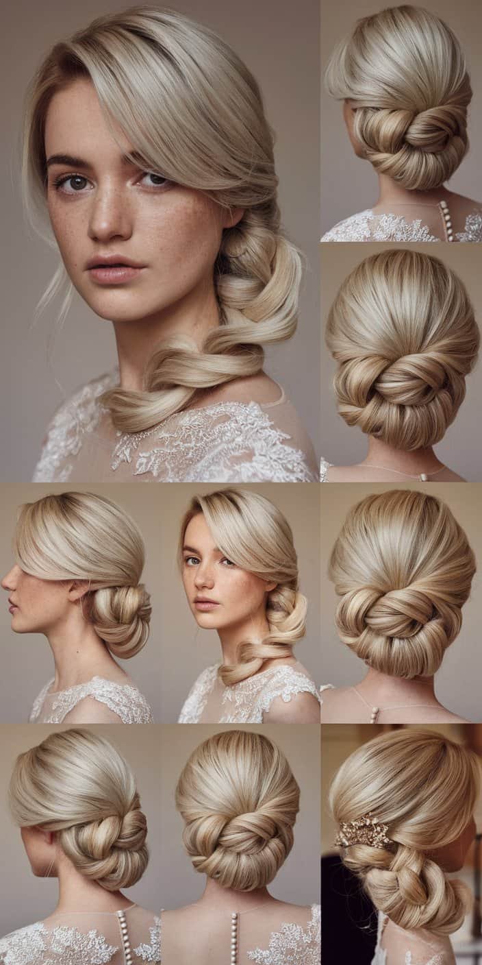 Contemporary wedding guest hairstyle showing a creative twisted side bun arrangement