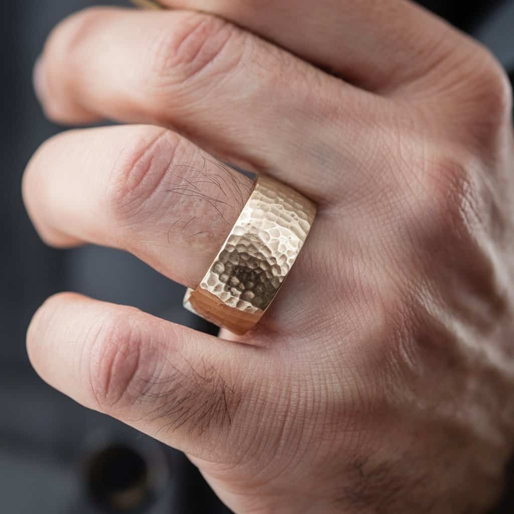 Close-up of a hammered men's white gold wedding band with a matte finish, reflecting strength and rugged elegance.