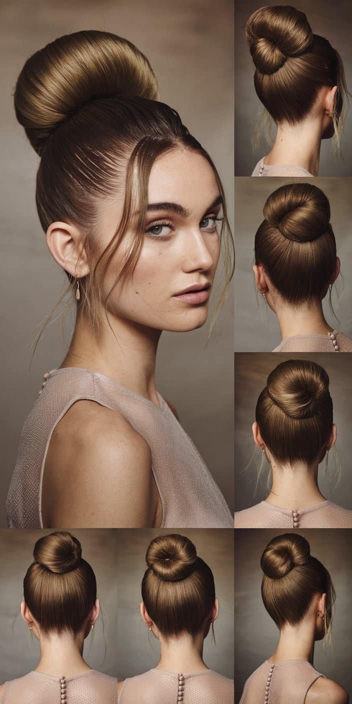Polished wedding guest hairstyle displaying a sleek high bun with face-framing tendrils
