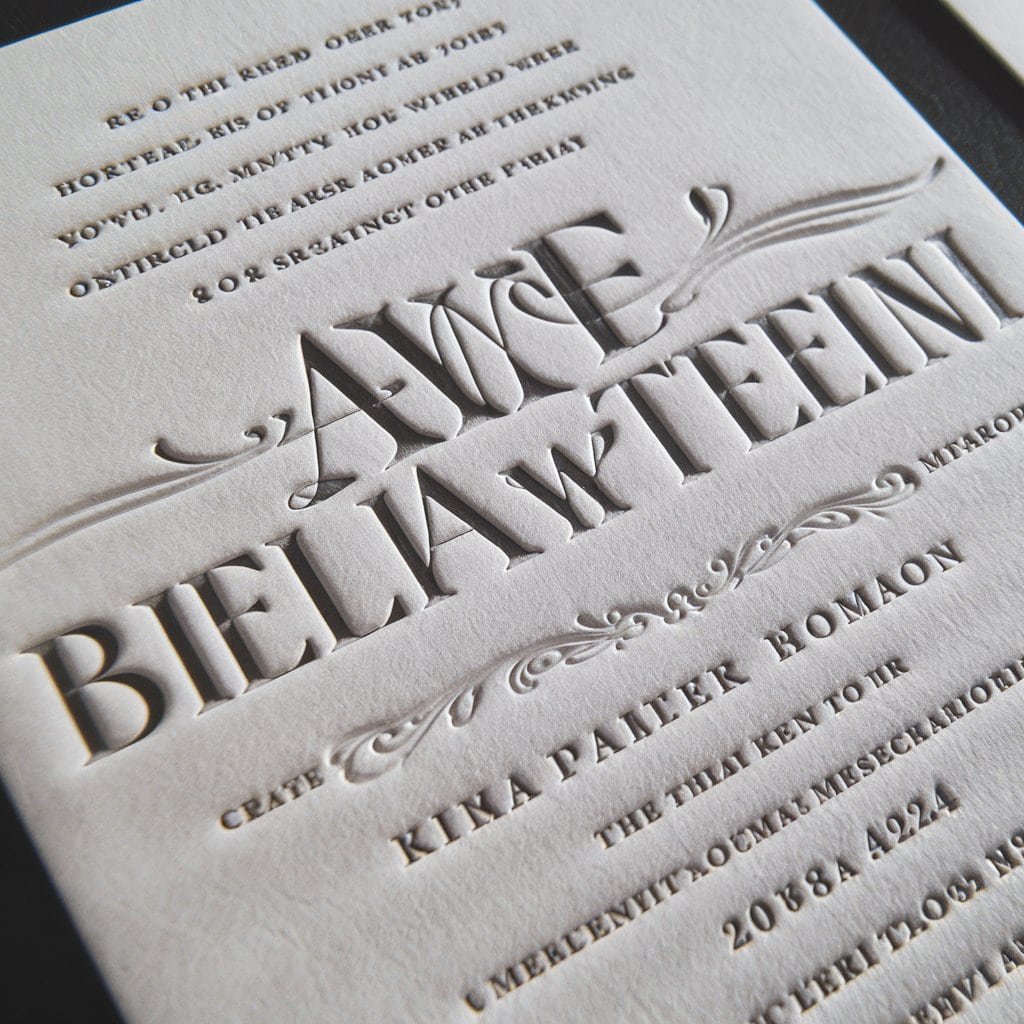 Black and white wedding invitation with a vintage letterpress finish, adding depth and sophistication to the design.