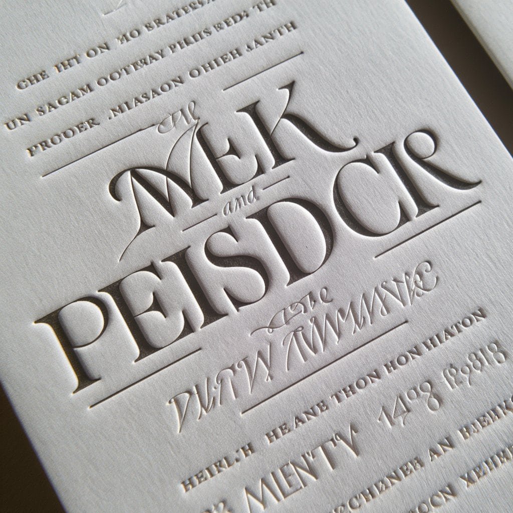 Black and white wedding invitation with letterpress printing, creating a textured, luxurious feel.