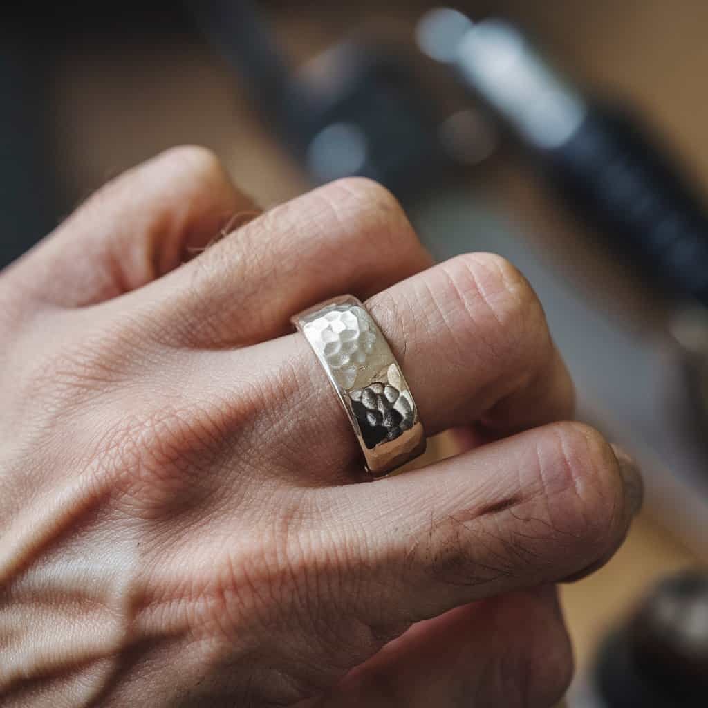 A man's hand with a textured hammered men's white gold wedding band, exuding masculinity and timeless appeal.