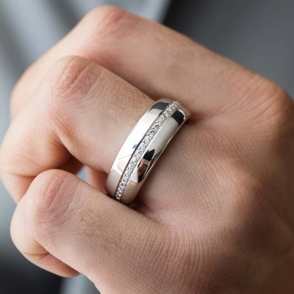 Close-up of a men's white gold wedding band with channel-set diamonds, designed for understated luxury and elegance.