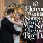 Couple dancing in a glowing, festive setting while electronic wedding songs set the tone for a modern and unforgettable wedding celebration.
