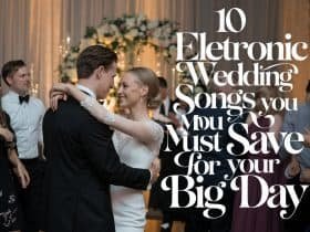 Couple dancing in a glowing, festive setting while electronic wedding songs set the tone for a modern and unforgettable wedding celebration.