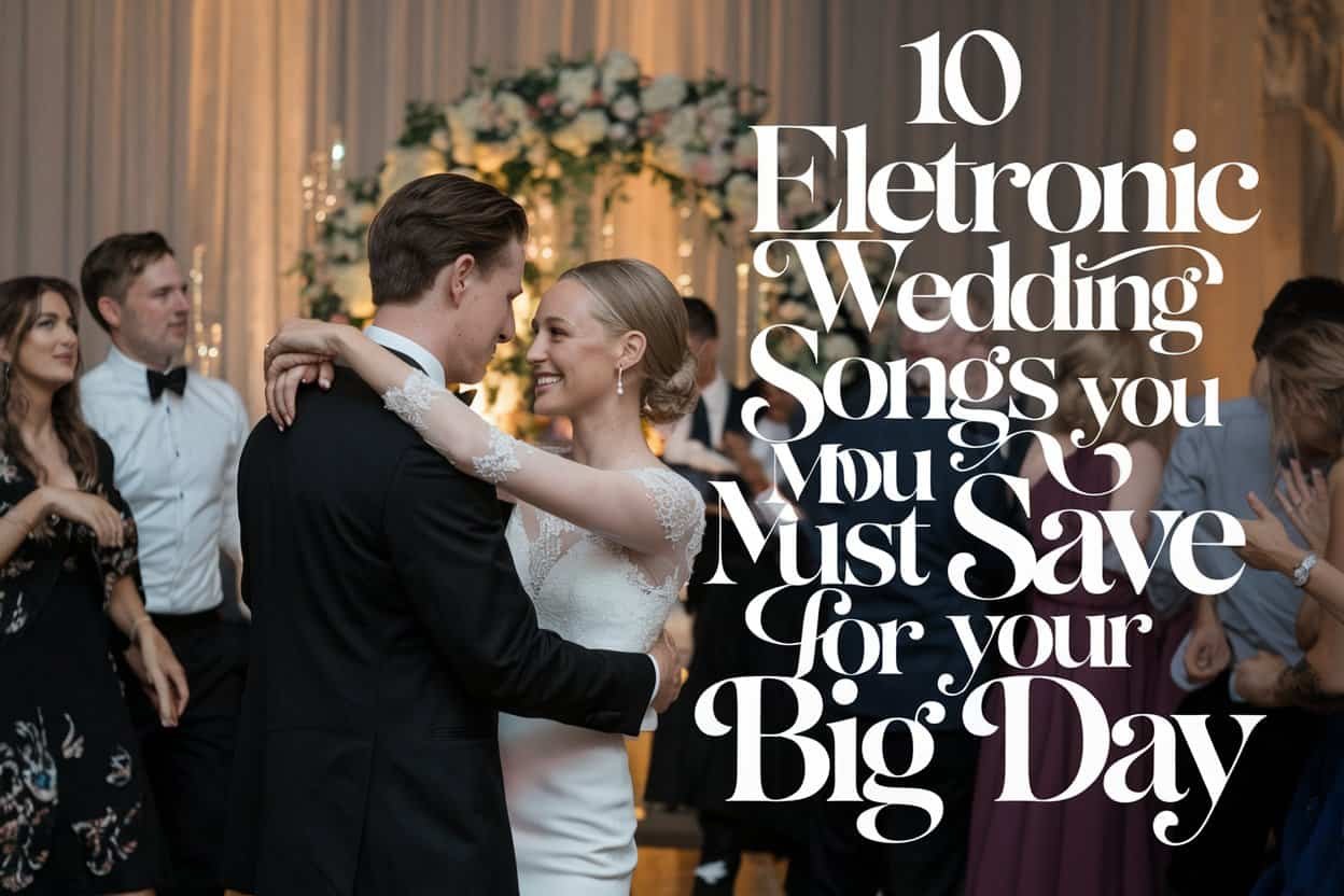 Couple dancing in a glowing, festive setting while electronic wedding songs set the tone for a modern and unforgettable wedding celebration.