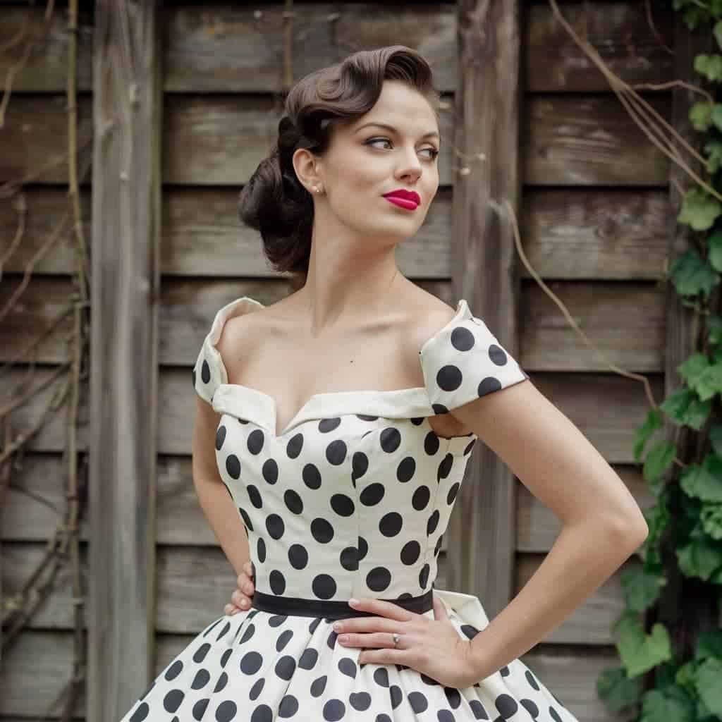 Retro black and white wedding dresses with bold polka dots, perfect for a bride with a vintage flair.