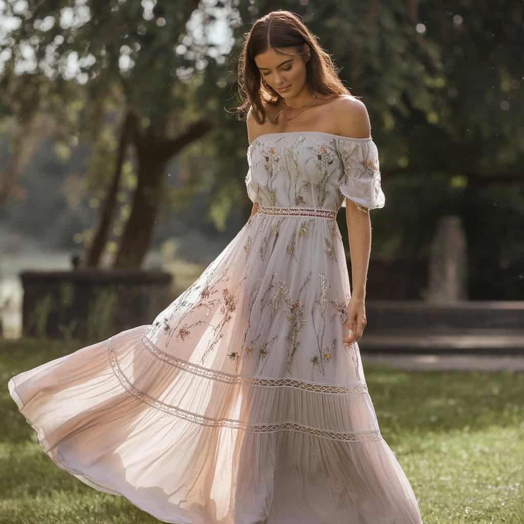Beautiful gown featuring off-the-shoulder styling with intricate floral appliques, capturing the essence of garden elegance