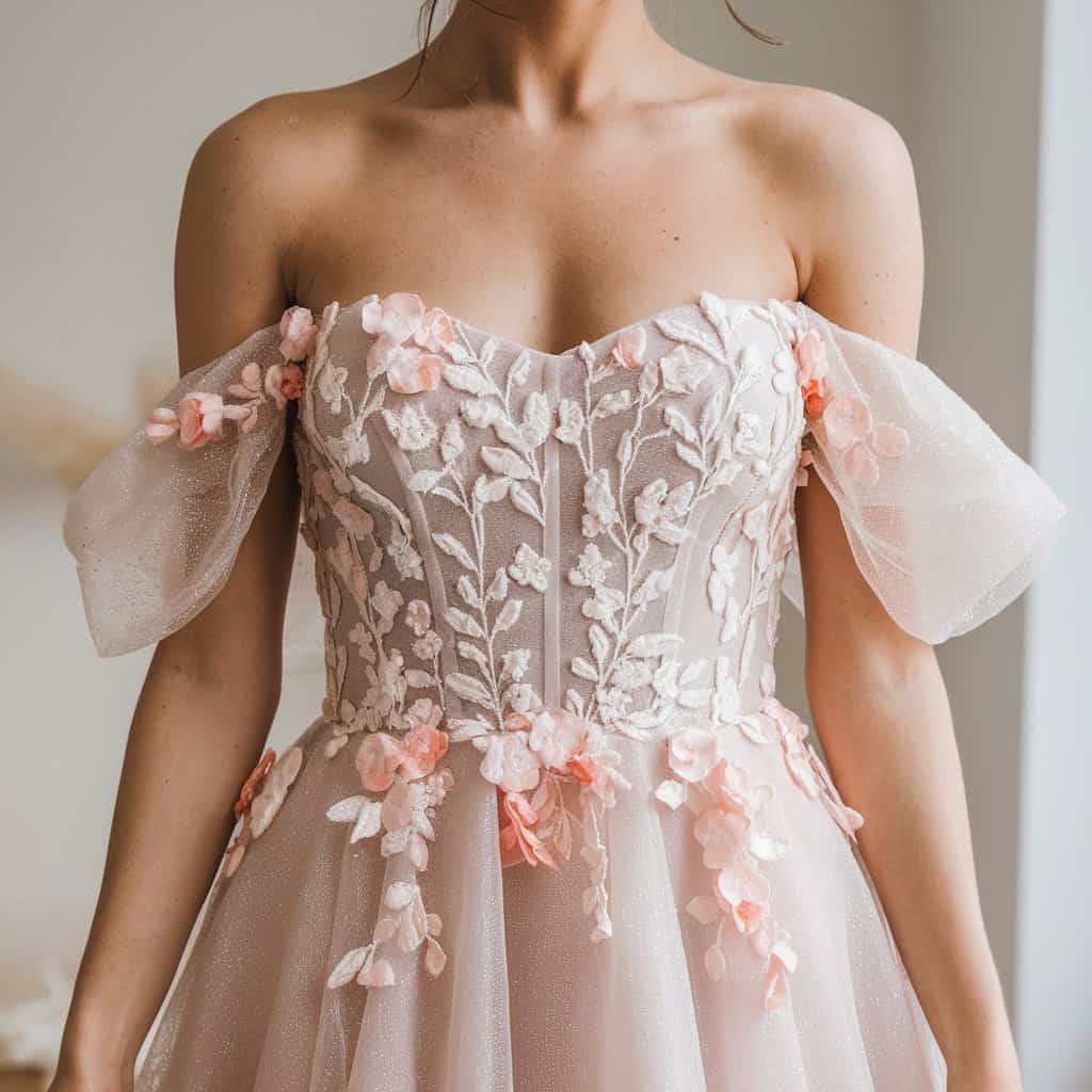 Stunning royal off-the-shoulder wedding dress adorned with floral appliques, perfect for a romantic and nature-inspired look.