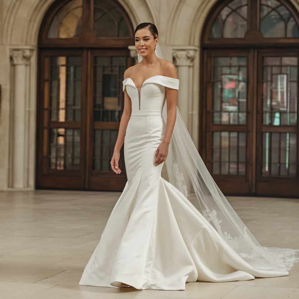 Chic royal off-the-shoulder wedding dress designed in a sleek mermaid silhouette, embodying modern elegance