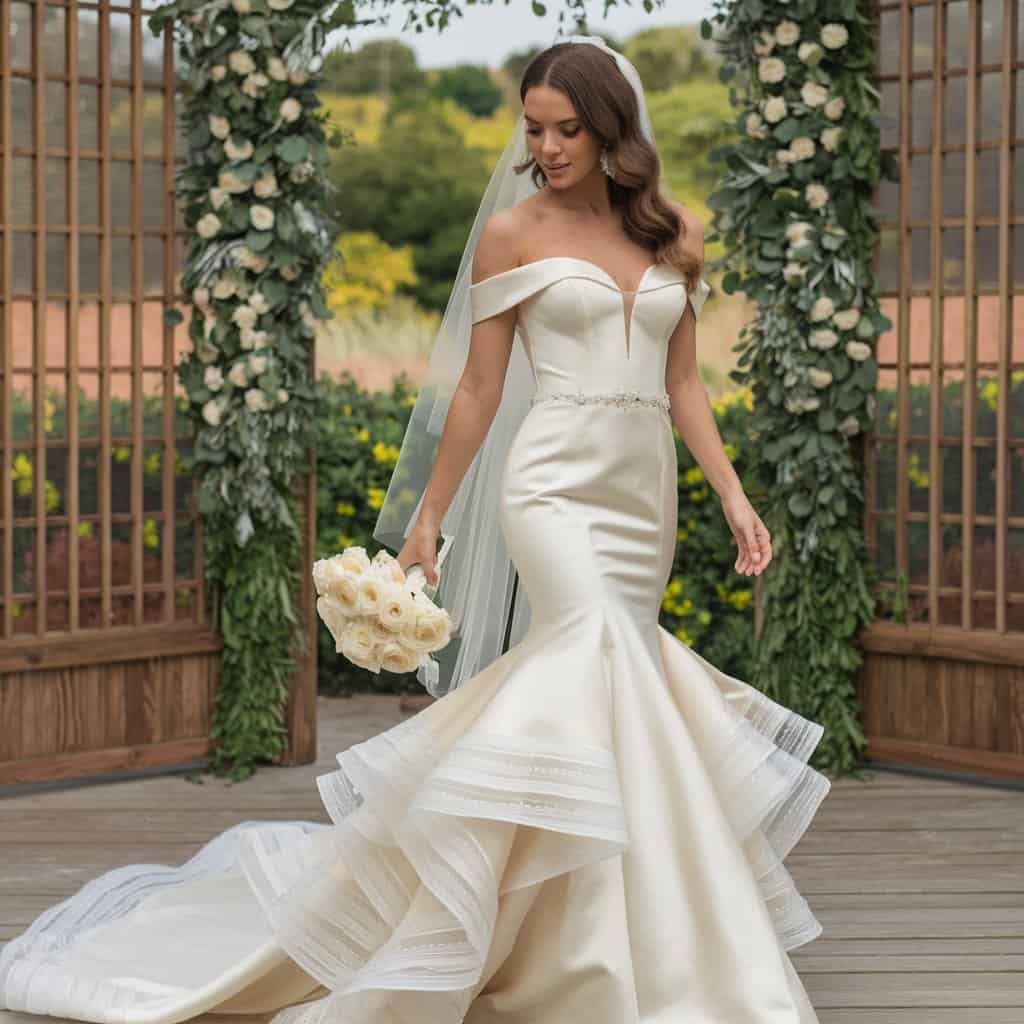 Stylish royal wedding dress in a sleek mermaid cut, embodying confidence and grace with its off-the-shoulder feature.