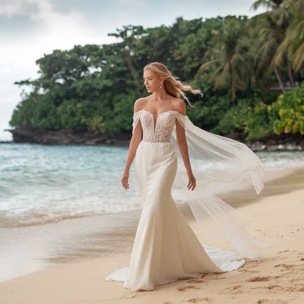 Sophisticated royal wedding dress showcasing structured lines and an off-the-shoulder design for a timeless appeal.