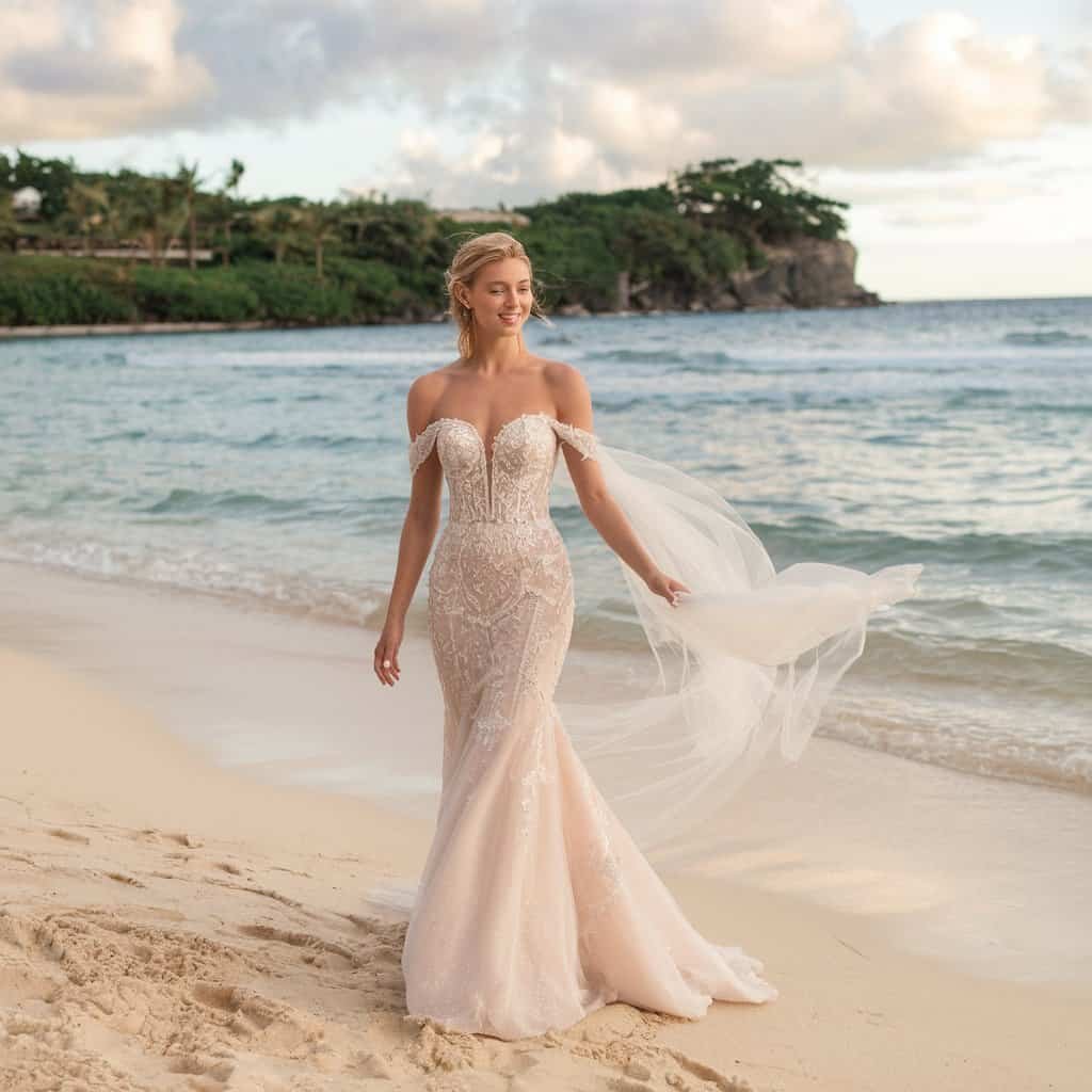Elegant gown with an off-the-shoulder neckline and tailored structure, perfect for a bride seeking a regal and polished look