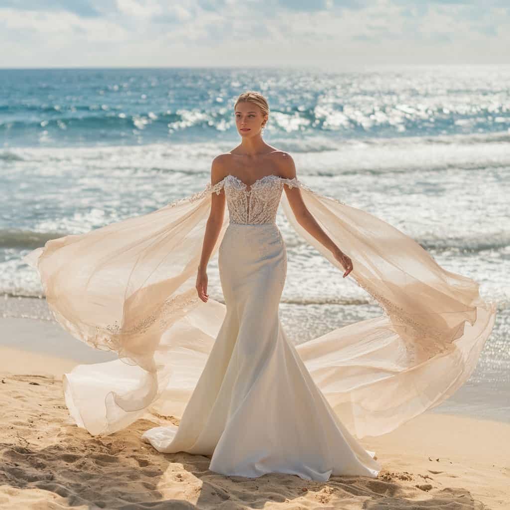 Dramatic royal off-the-shoulder wedding dress featuring a structured silhouette, exuding elegance and sophistication.