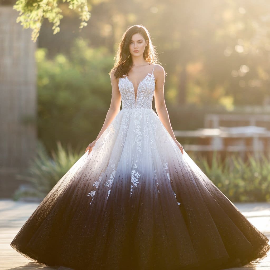 Chic ombre black and white wedding dresses highlighting the dramatic contrast between white and black hues.