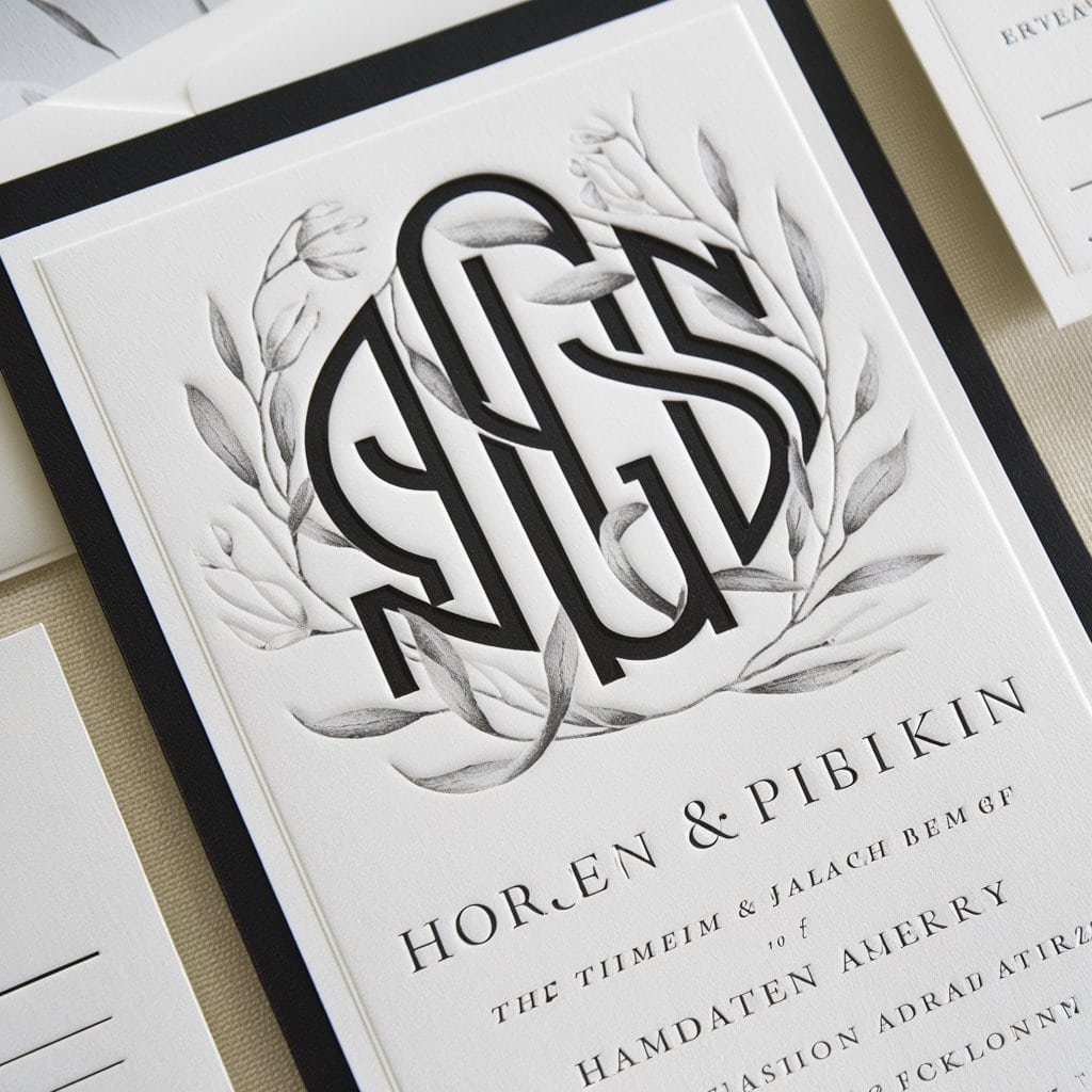 Sophisticated black and white wedding invitation with a personalized monogram and simple wedding details.