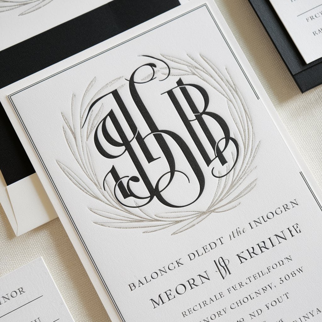 Black and white wedding invitation showcasing an intricate monogram with elegant serif fonts for a timeless look.