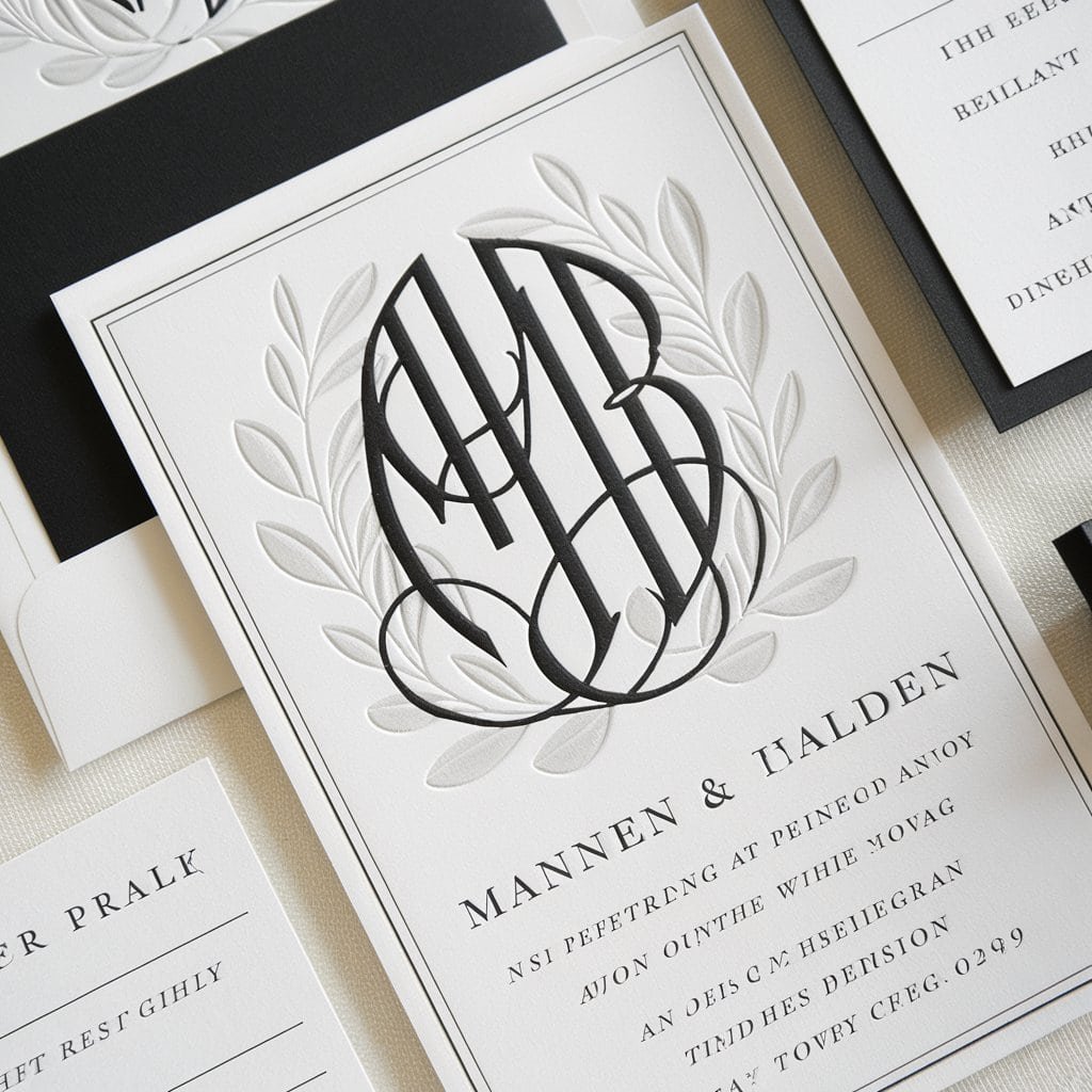 Elegant black and white wedding invitation with a beautifully crafted monogram as the central design element.