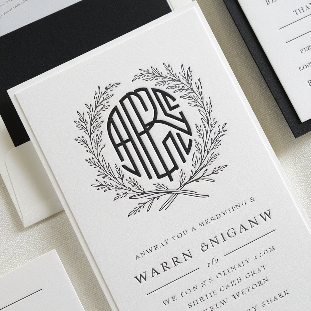 Chic black and white wedding invitation featuring a personalized monogram design with intertwined initials.