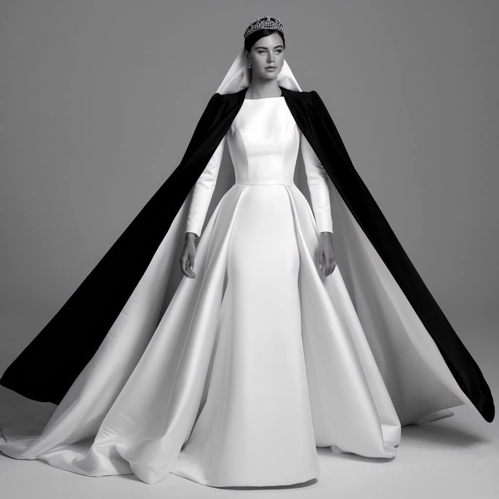 Elegant black and white wedding dress featuring a regal black cape, exuding sophistication and timeless beauty.