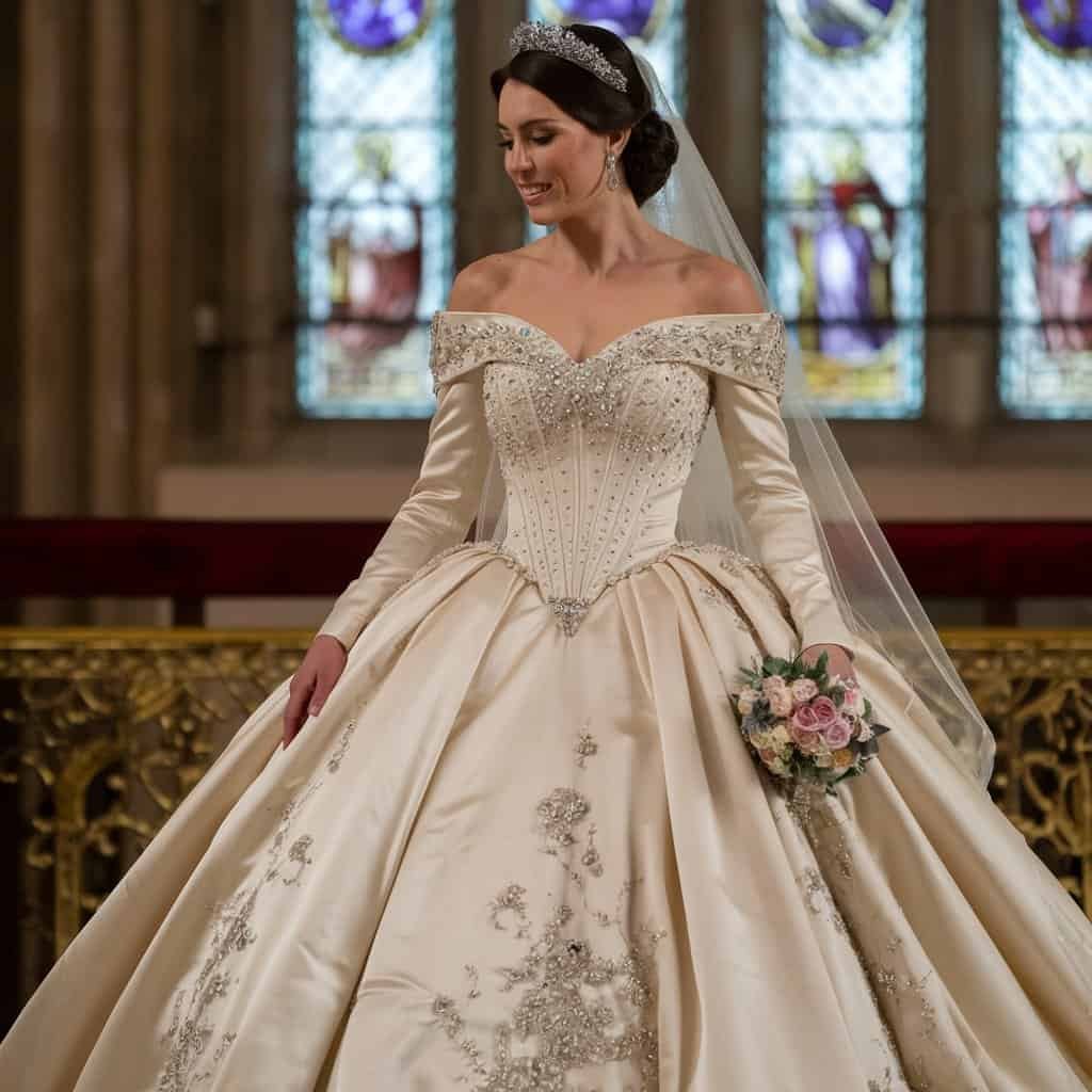 Opulent royal off-the-shoulder wedding dress adorned with sparkling crystals, perfect for a glamorous bridal look.