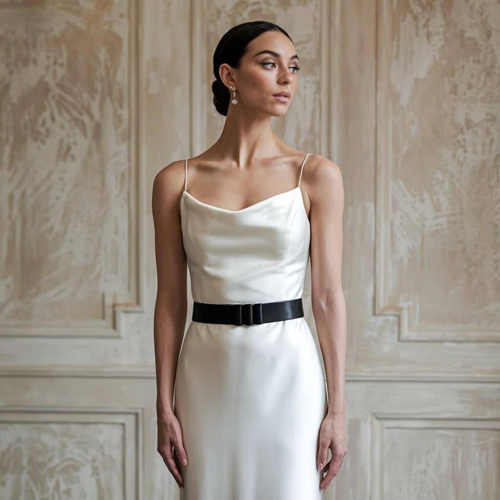 Bride in a simple black and white wedding dress featuring a black belt, offering a minimalist and elegant bridal look.
