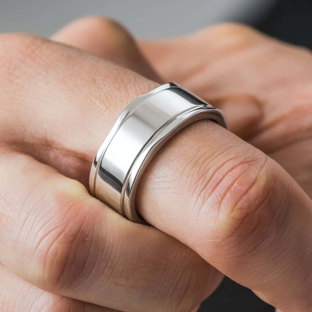 Men's white gold wedding band with beveled edges, offering a modern and polished design for the modern groom.