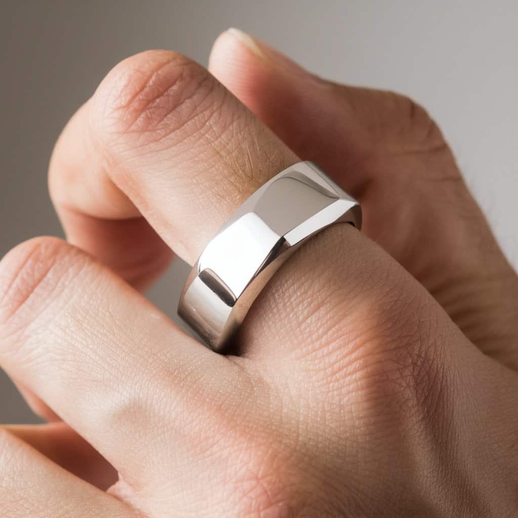 A refined men's white gold wedding band with a sleek beveled edge, creating a sophisticated, angular look.