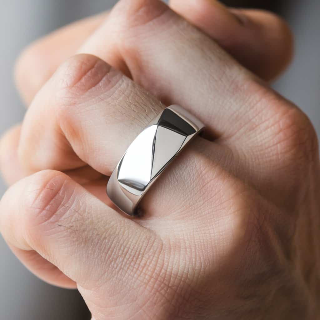 Sharp, beveled edges on a men's white gold wedding band offering a sleek, modern appearance with clean lines.