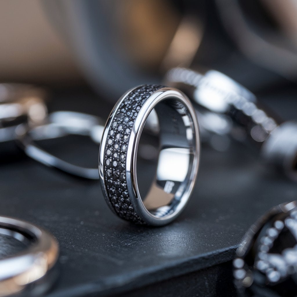 A luxury white gold wedding band featuring black diamond accents, exuding refinement and modern style.