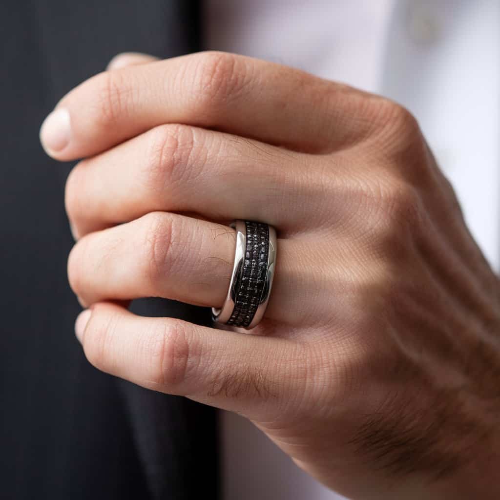 Close-up shot of a men's white gold wedding band adorned with black diamonds, delivering a modern, bold look.