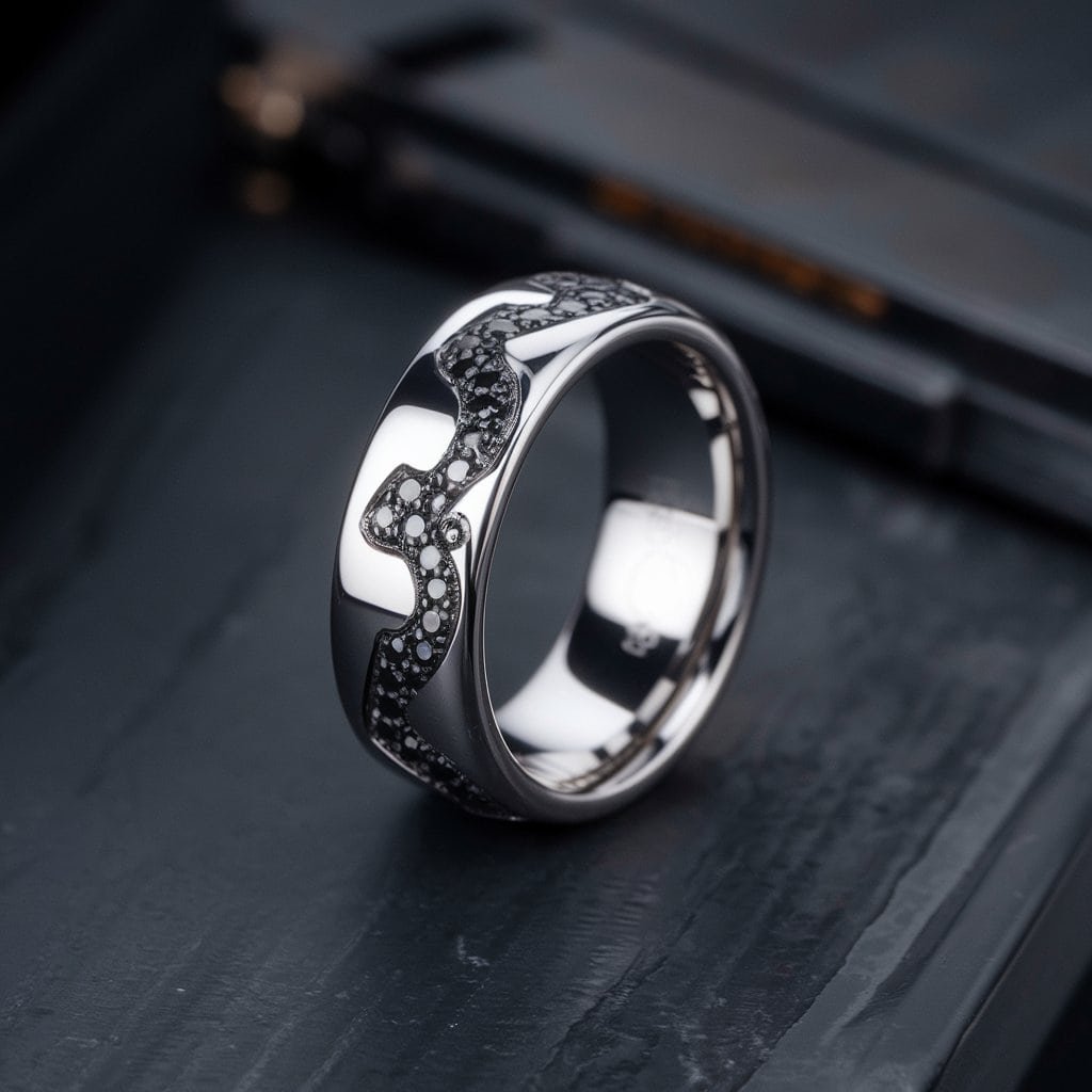 Men's white gold wedding band with small black diamonds set into the surface for an elegant, sophisticated touch.