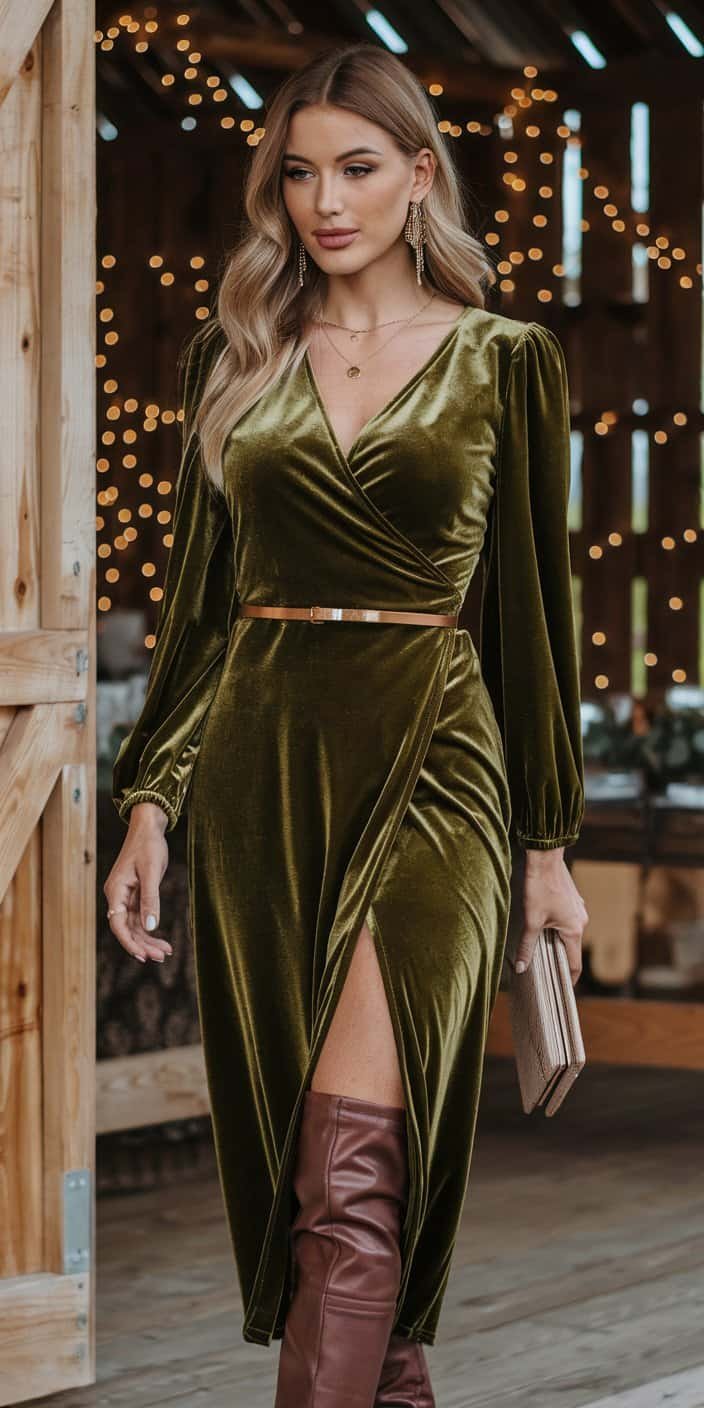 A floor-length forest green satin gown with a cowl neckline and spaghetti straps. This dress pairs perfectly with metallic heels and accessories for formal occasions.