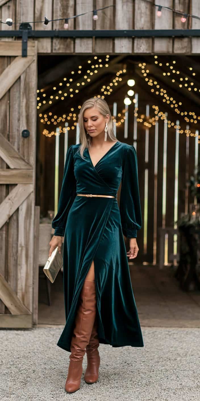 A long-sleeved forest green velvet dress with a wrap design and a high slit, styled for a cozy barn wedding or winter celebration.