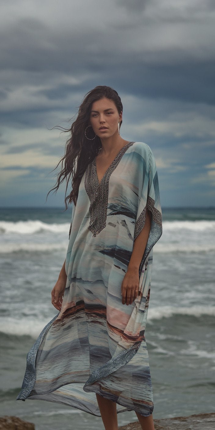 Printed kaftan dress, perfect beach wedding guest dress for comfort and elegance