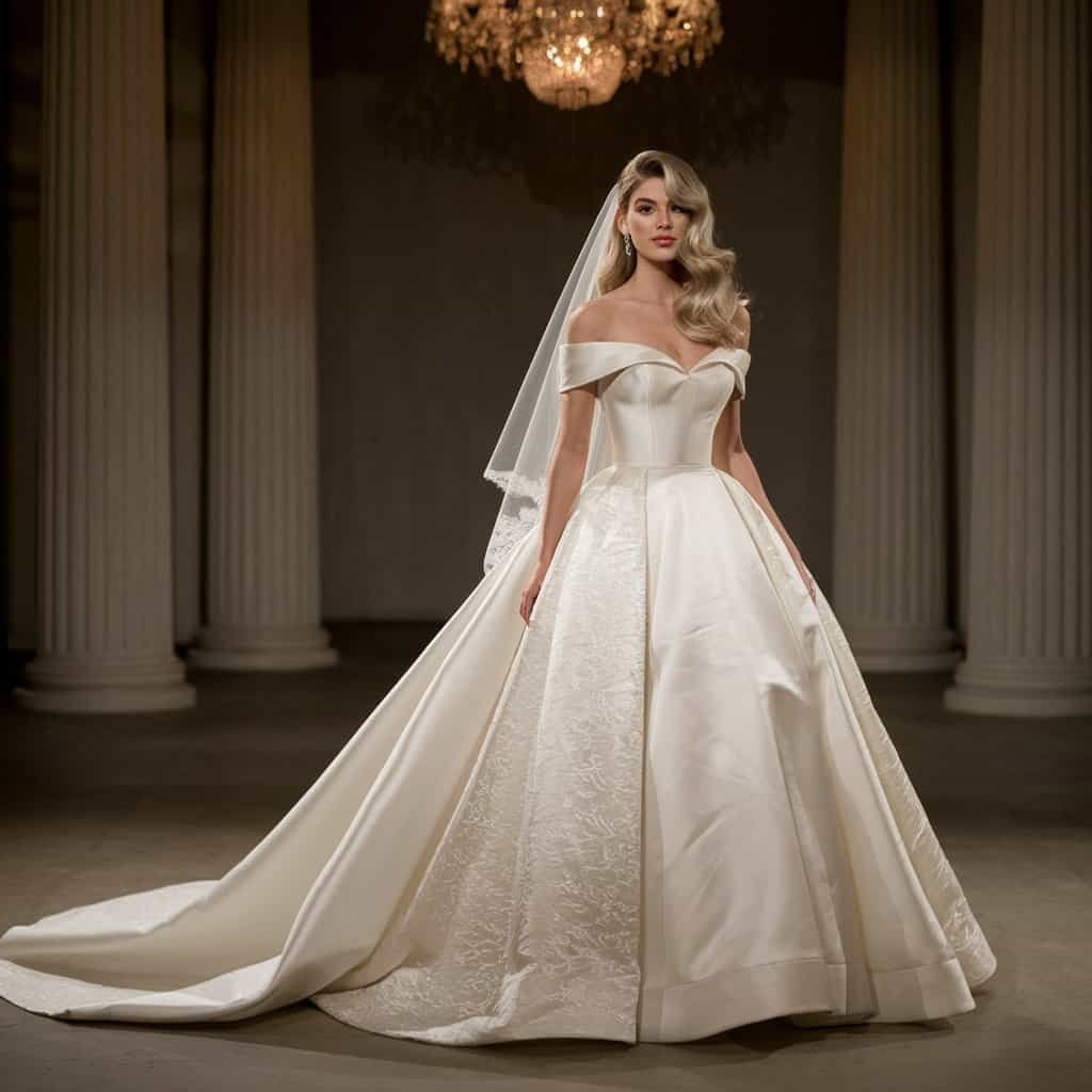 Stunning royal off-the-shoulder wedding dress with a dramatic train, creating a breathtaking bridal entrance