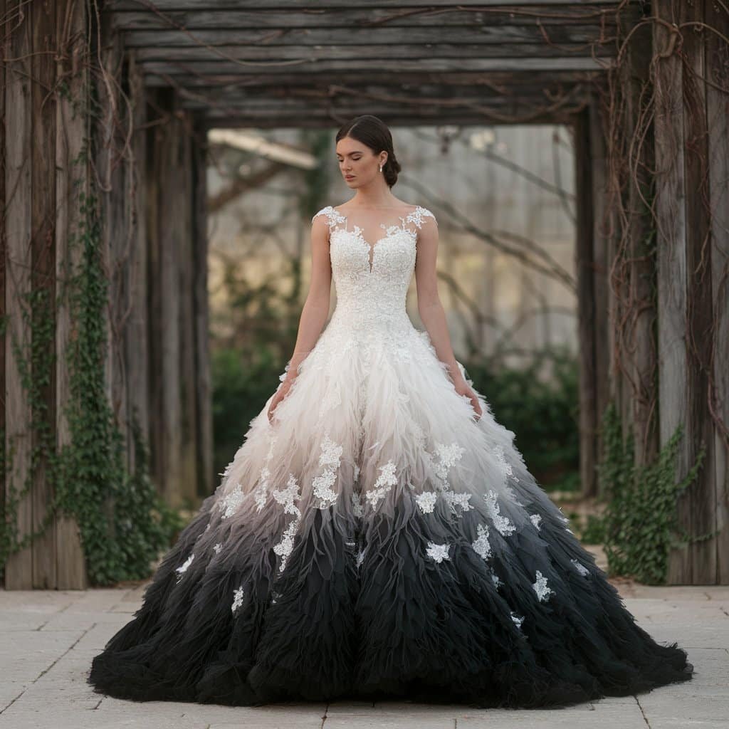 Modern bride in a beautiful black and white wedding dress with an ombre effect, offering a sophisticated bridal look.