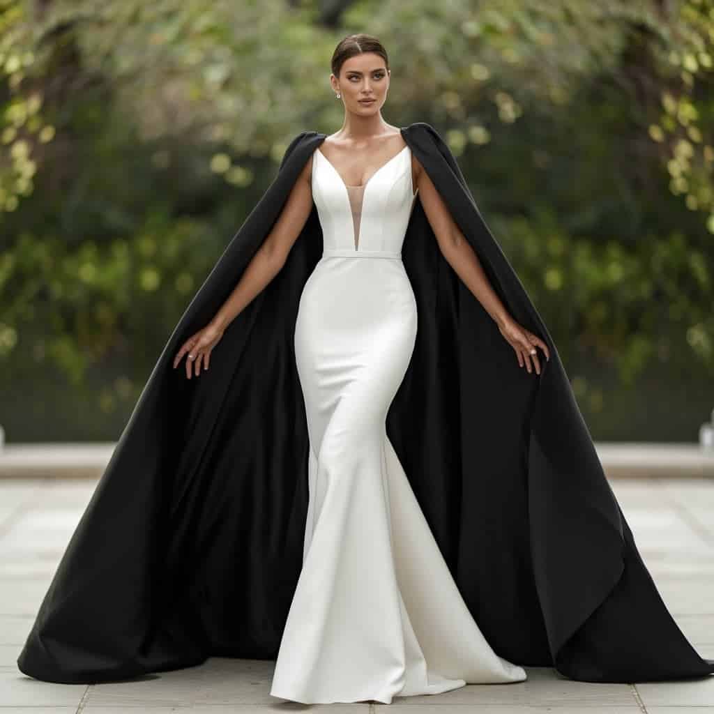 Bride in a stunning black and white wedding gown with a detachable black cape for added drama and elegance.