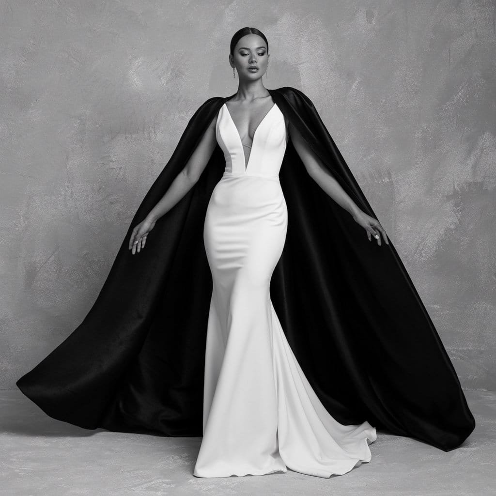Dramatic black and white wedding dress with a flowing black cape for a royal and captivating bridal look.