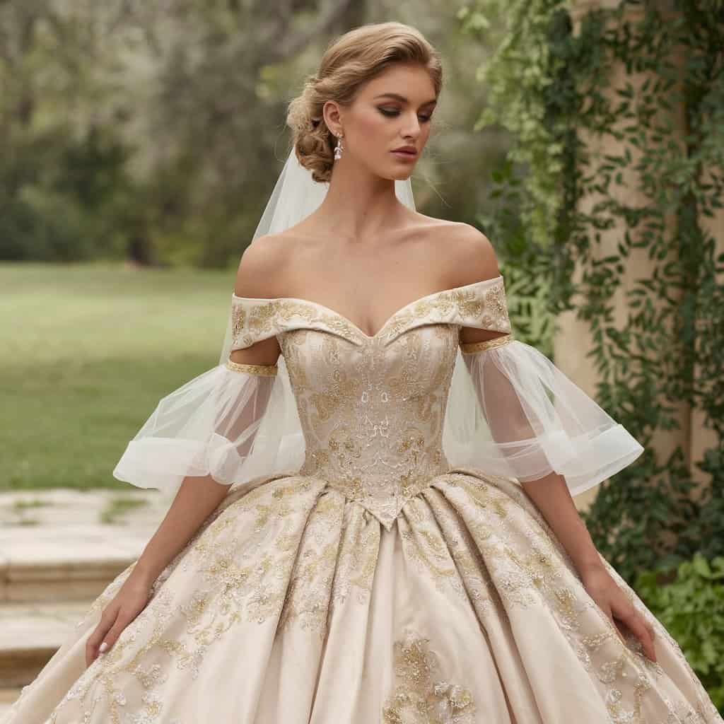 Stunning off-the-shoulder gown showcasing rich embroidery, designed for a bride wanting to make a regal statement.