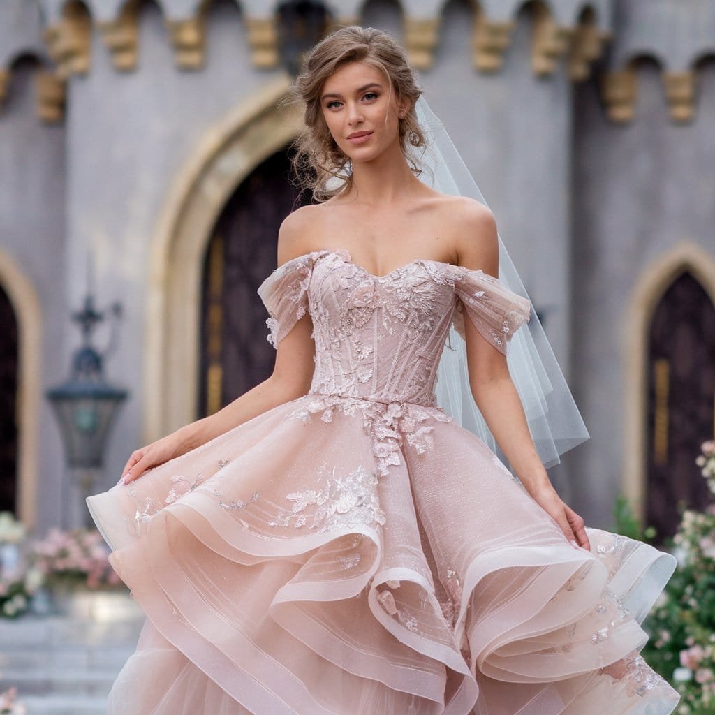 Delicate off-the-shoulder gown made from lightweight fabrics, ideal for a destination wedding by the sea