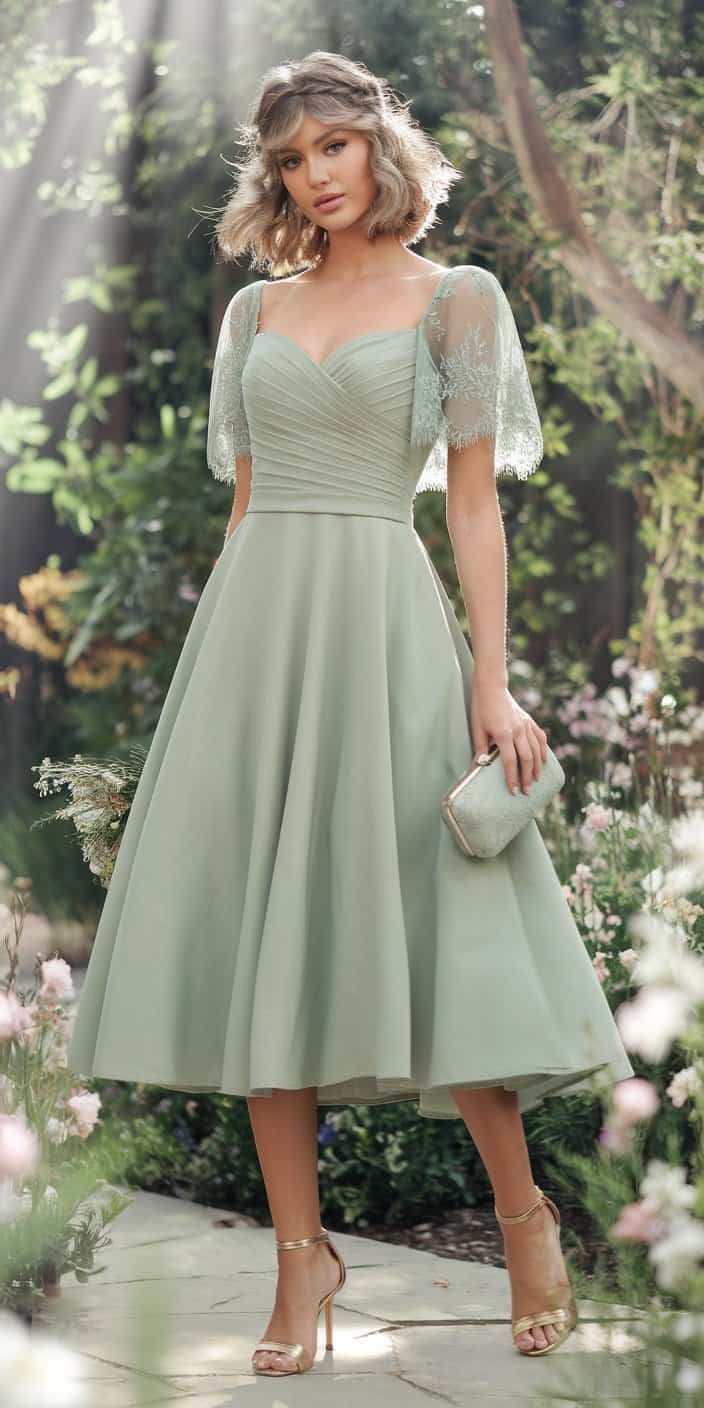 A trendy sage green wrap dress featuring flutter sleeves and a cinched waist. This knee-length dress offers a comfortable yet polished look, perfect for spring or summer garden weddings.

