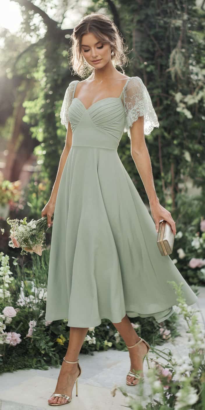A floor-length sage green gown with a sweetheart neckline and a soft chiffon overlay. Paired with a delicate silver necklace and heels, this dress is ideal for an elegant outdoor evening ceremony.