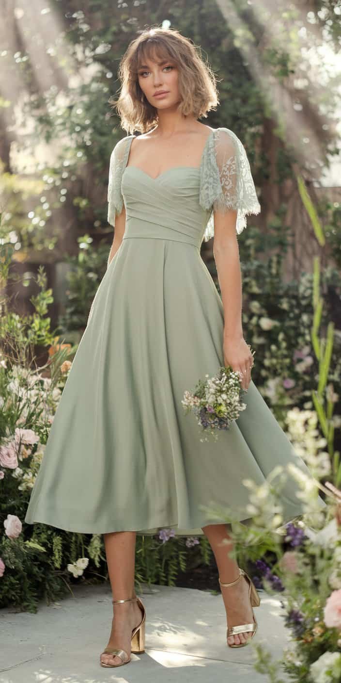 A sophisticated sage green dress with delicate lace detailing on the bodice, worn by a guest attending a garden wedding. The flowing A-line skirt and cap sleeves create an ethereal look, while the dress harmonizes beautifully with the lush greenery of the venue.