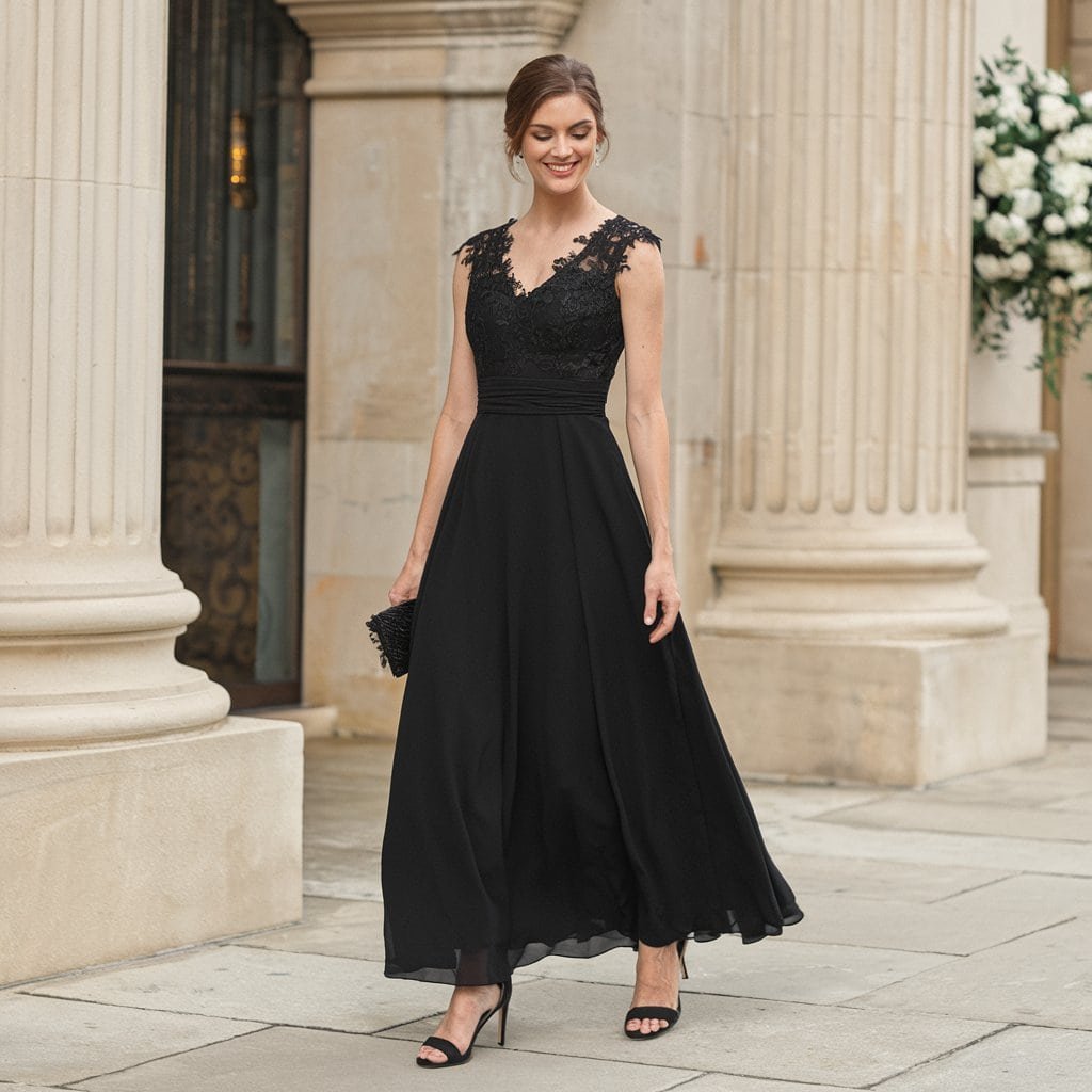 Classic Black Wedding Guest Dresses: A-Line Dress with V-Neckline – A classic black A-line wedding guest dress featuring a flattering V-neckline for added elegance.