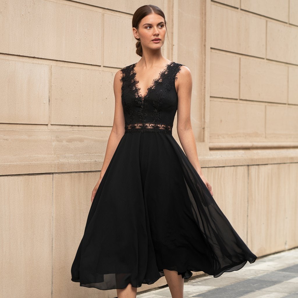 Black Wedding Guest Dresses: Minimalist A-Line Dress with Clean Lines – A minimalist black A-line dress with clean lines, ideal for guests looking for a refined and polished look.